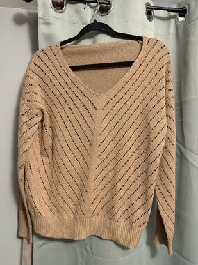 SHEIN Beige Open-Knit V-Neck Sweater